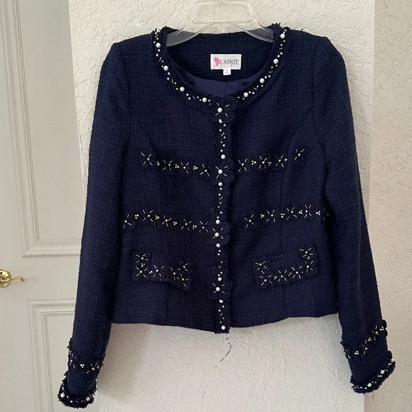 L'ATISTE Navy Women's Blazer with Embellishments - Picture 2 of 14